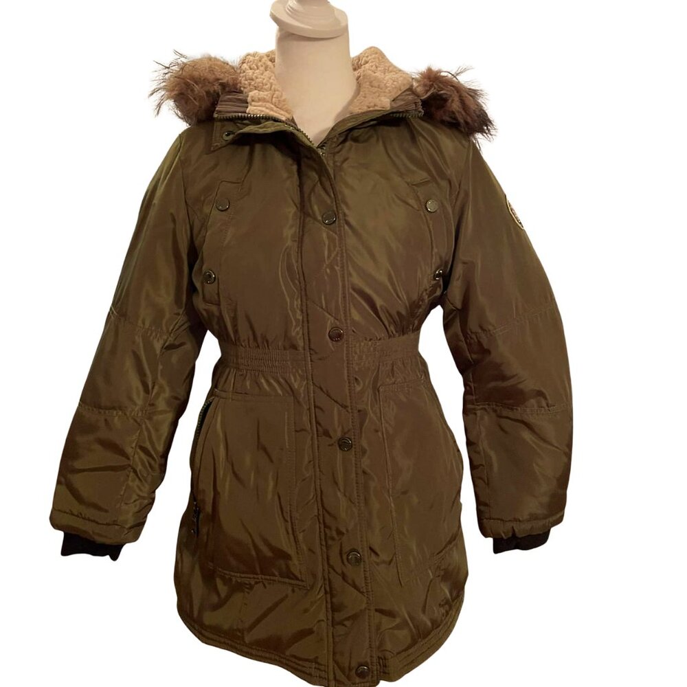 Madden NYC Women’s Olive Faux Fur Hooded Parka Sherpa Lined Winter Coat - Picture 2 of 16